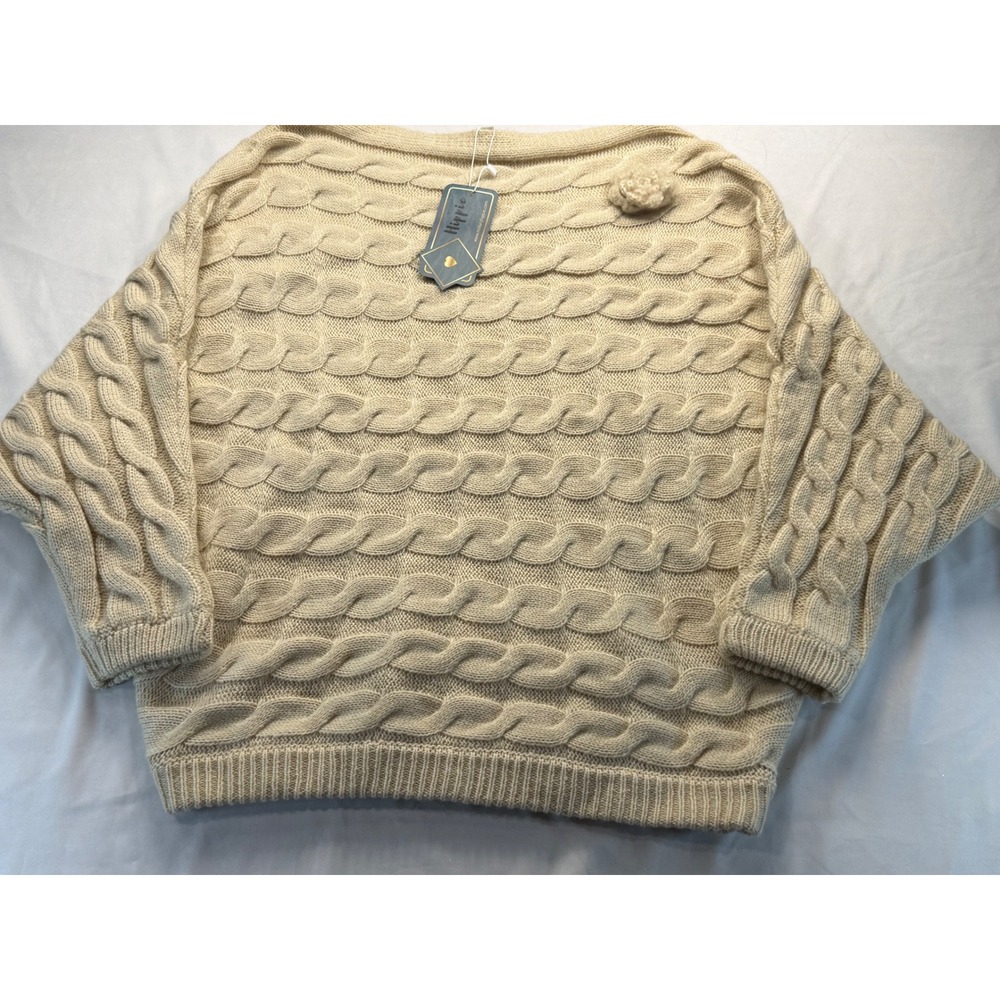 Military Hippie Womens Beige Cable Knit Oversized Sweater Boat Neck Floral